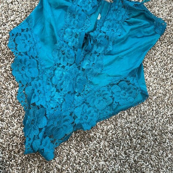 Vintage Alana Gale Intimates Teddy Romper Lace High Cut Nylon Bodysuit Turquoise - Picture 8 of 10